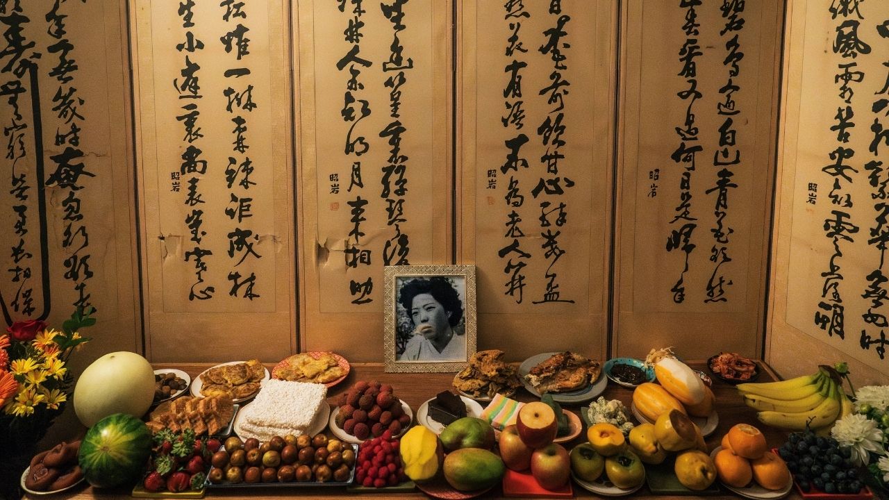a photo of a woman by a table of food